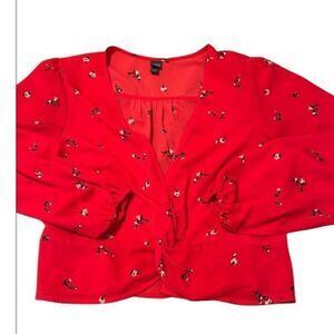 Wild Fable szXXL long sleeve red flowered twisted hem peplum side zip blouse EUC